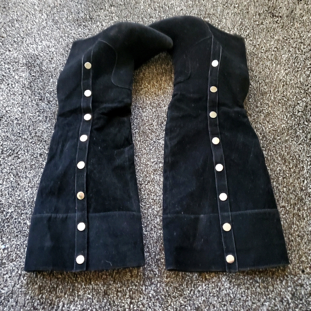Black suede knee high boots with metal details